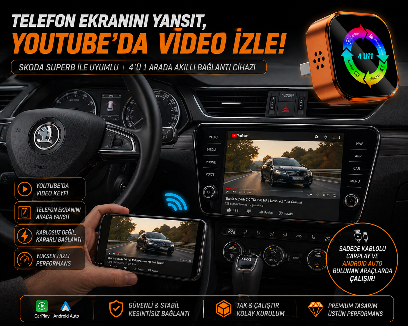 4-İN-1 Kablosuz Araç Ekran Yanstıcı ve Carplay Adaptörü Kablosuz Dönüştürücü İos-Android Uyumlu
